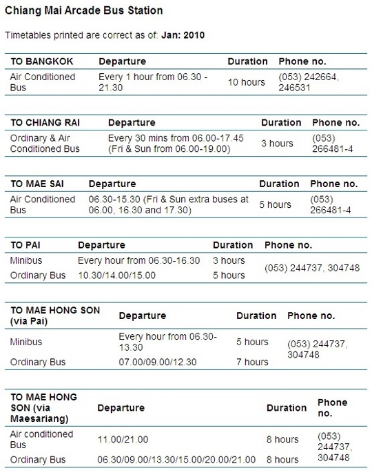 치앙마이 아케이트 버스터미날 노선 정보